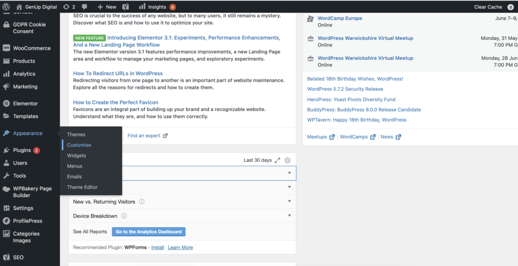 wordpress admin dashboard